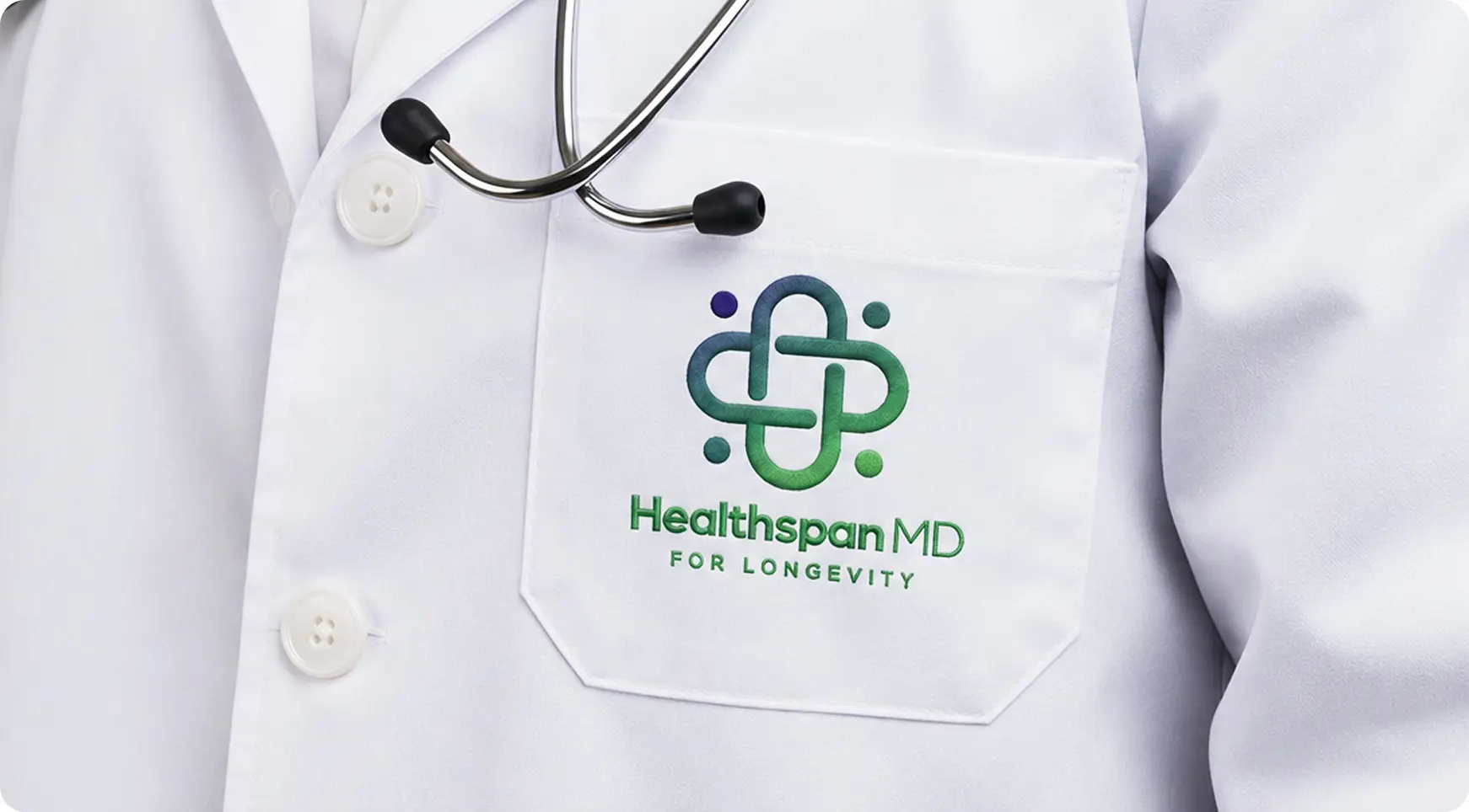 HealthspanMD logo embroidered on a doctor's white coat