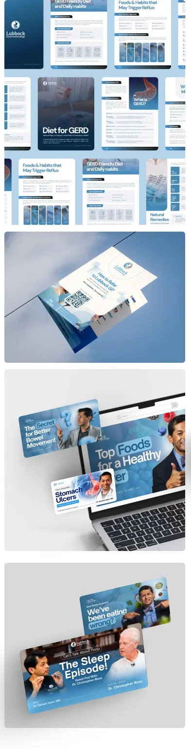 Lubbock Gastroenterology patient guides, brochure, website and video thumbnails