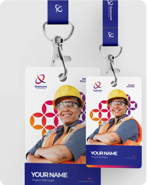 Quancons employee ID cards on lanyards