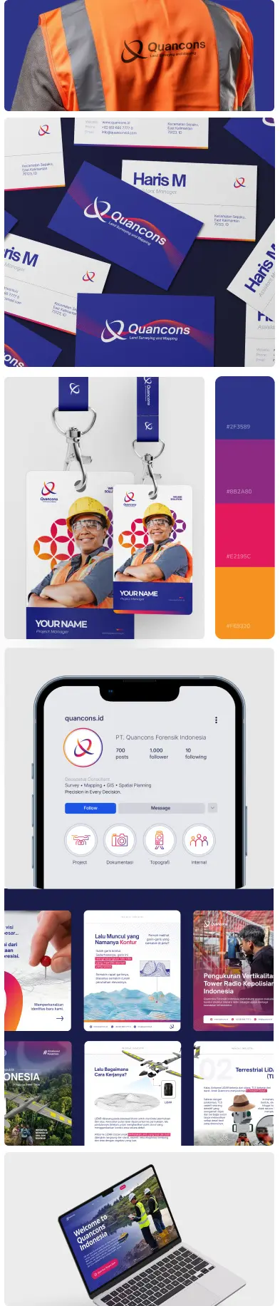 Quancons brand applications: vest, business cards, ID cards, colours, Instagram, social posts and website